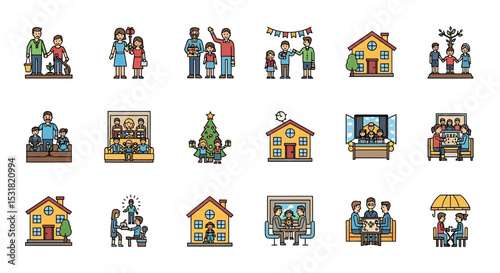 Vector Icons Set of Illustrated Scenes Depicting Families Homes and Various Activities in Simple Vector Style. Vector Illustrations