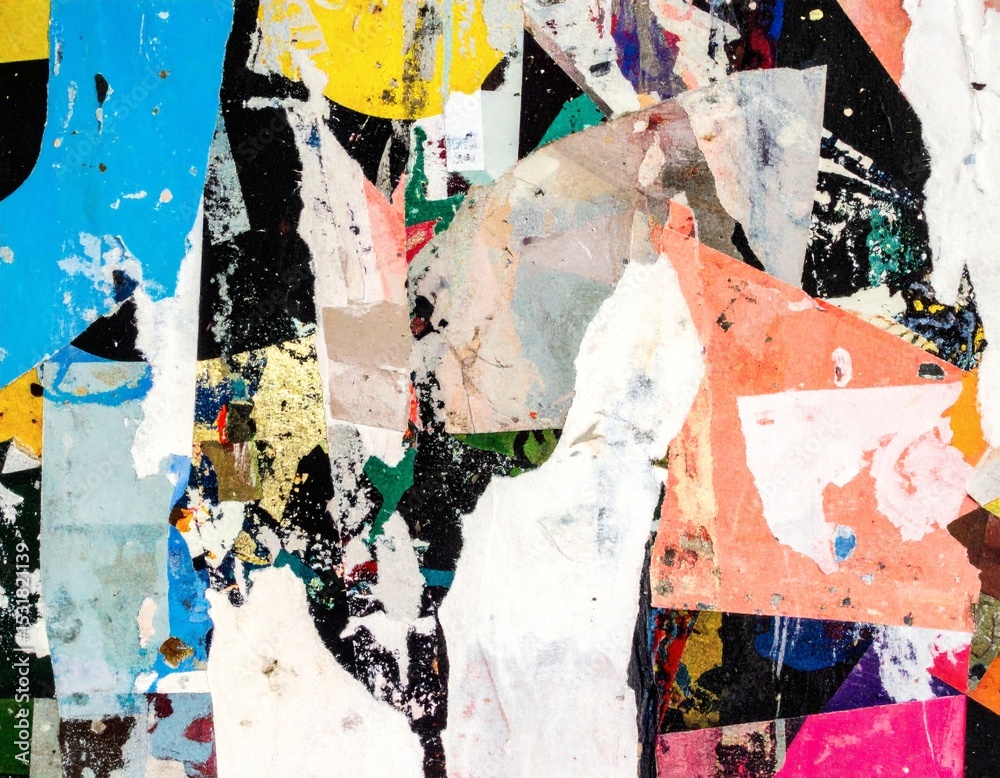 Fototapeta premium Abstract Collage of Torn Posters with Vibrant Colors and Textured Surfaces