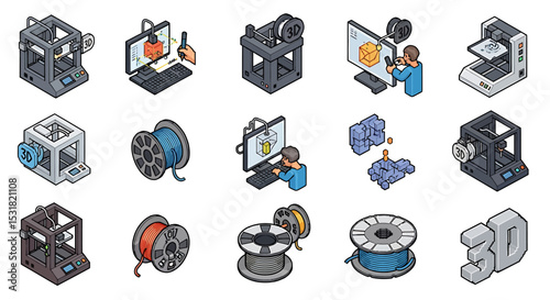 Vector Icons Set of Isometric 3D Printing Technology Printers Filament Spools and Design Process. Vector Illustrations