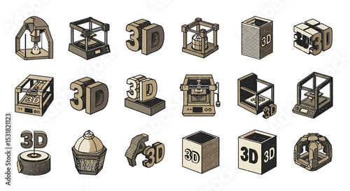 Vector Icons Set of Isometric 3D Printing Technology Icons with Retro Texture and Detailed Designs. Vector Illustrations