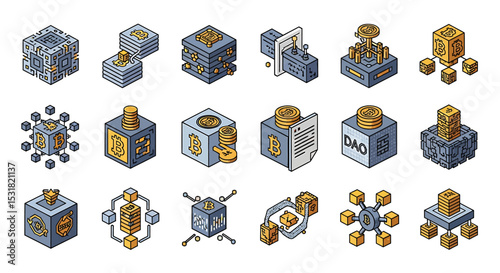 Vector Icons Set of Isometric Bitcoin and Cryptocurrency Concepts Decentralized Finance and Blockchain Technology. Vector Illustrations