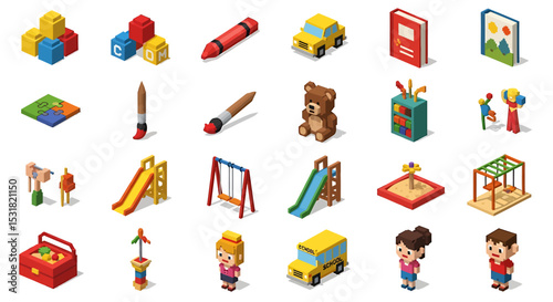 Vector Icons Set of Isometric Childrens Toys and Playground Equipment Colorful Blocks Swings and School Bus. Vector Illustrations