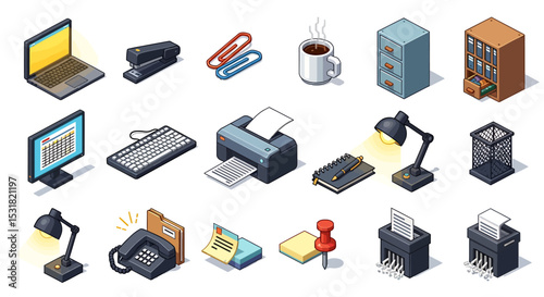 Vector Icons Set of Isometric Collection of Office Supplies and Equipment. Vector Illustrations