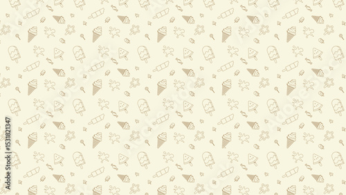 seamless ice cream and candy patterns sweet on pale yellow . line art of candy, ice cream, splash, star cone vector in line art.