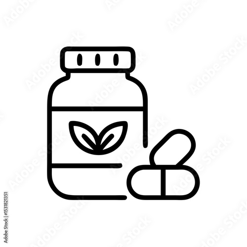 Dietary supplement bottle with capsules in minimalist line art  