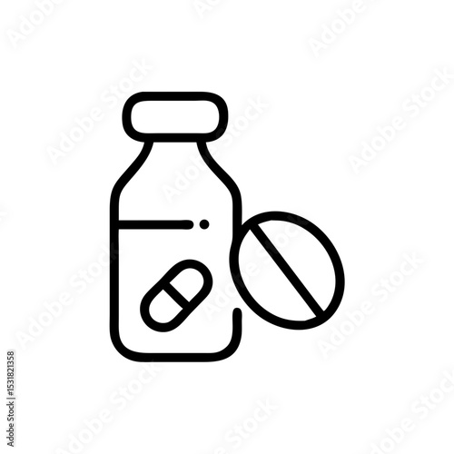 Bottle of medicine with pill beside it in minimalist line design  