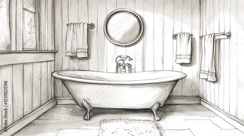 Cozy home bathroom interior sketch featuring a classic bathtub vintage mirror and towels hanging on the wall