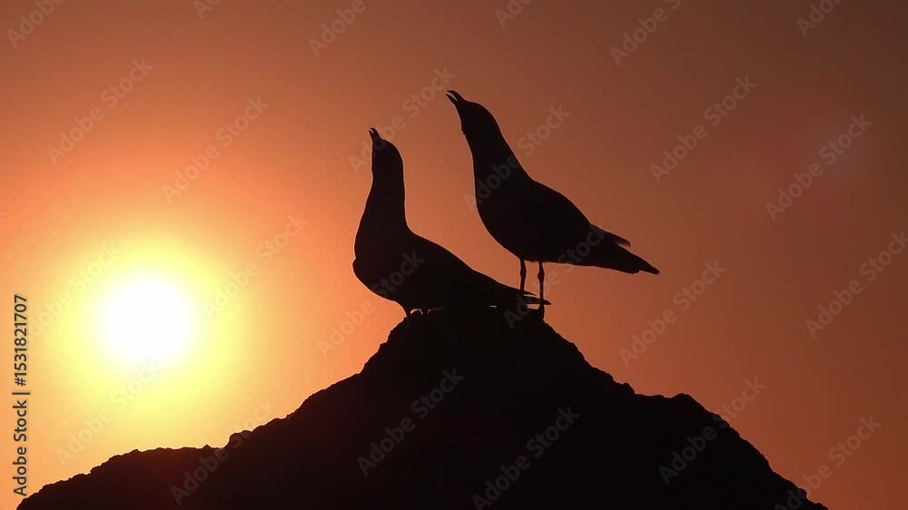 silhouette of two birds on a rock at sunset