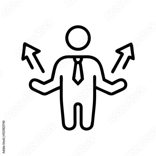 Businessman gesturing with arrows pointing in different directions  