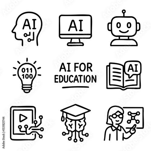 A set of doodle line icons illustrating artificial intelligence in education, including e-learning, robotics, and digital learning tools