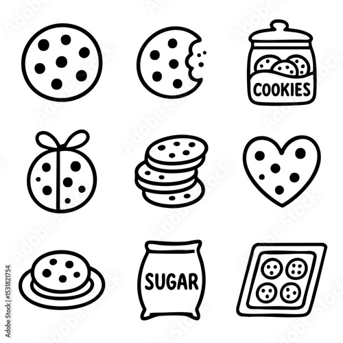 A set of doodle line icons featuring cookies, desserts, baking ingredients, gift treats, and sweet food elements for culinary designs