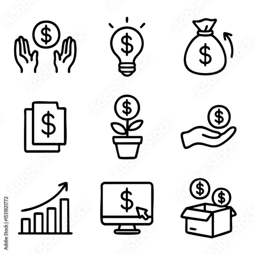 A set of doodle line icons illustrating finance, online investment, money growth, savings, and financial management in business