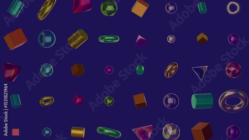 Colorful 3D Geometric Shapes Rotating Against a Dark Background in Motion