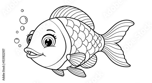 Cartoon goldfish with large eyes and bubbles, a cute aquatic animal illustration for children's coloring books and art projects