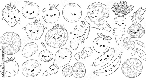 Whimsical garden harvest featuring cute produce and fruits with smiling faces perfect for kids books and coloring pages