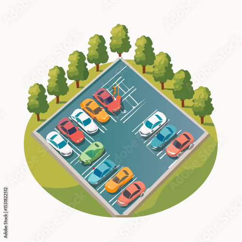 Atop a grassy knoll, a colorful array of cars fills a neatly organized parking lot, bordered by lush green trees.