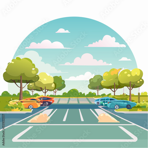 Illustration depicts a parking lot scene with cars, trees, and a bright sky.