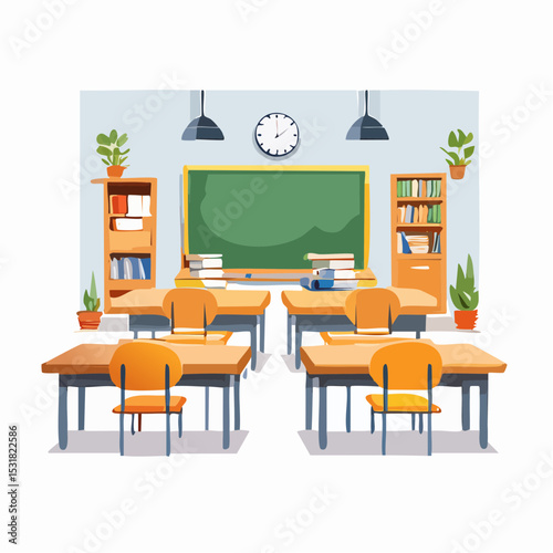 A brightly lit classroom with desks, chairs, books, and a chalkboard.