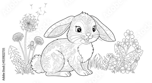 Intricate bunny illustration nestled among dandelions and wildflowers, perfect for coloring books or artistic designs.