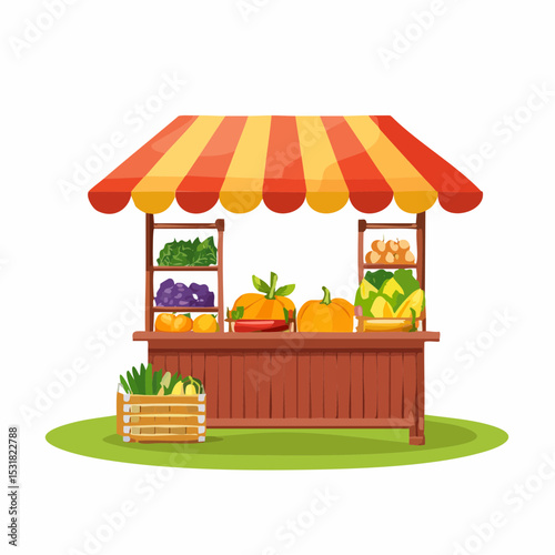 A colorful illustration of a farmer's market stall showcasing fresh produce.