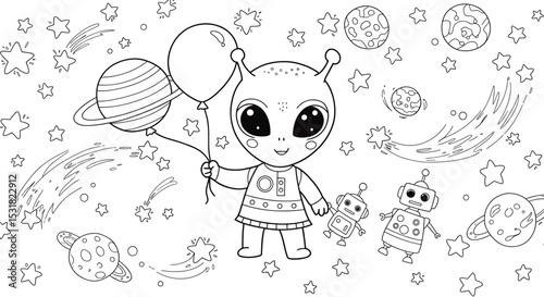 Cute alien with balloons and robots in space among planets and stars vector illustration for coloring