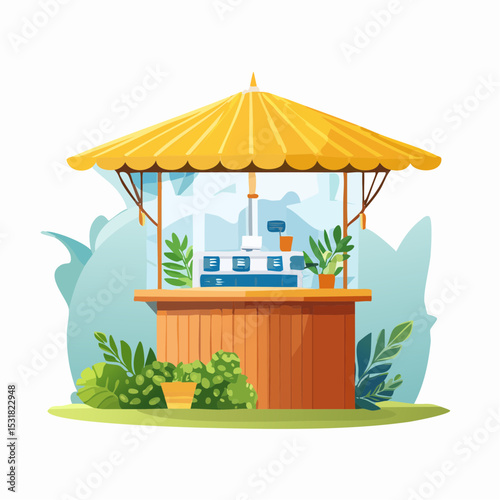 Outdoor wooden kiosk with yellow canopy, surrounded by greenery.