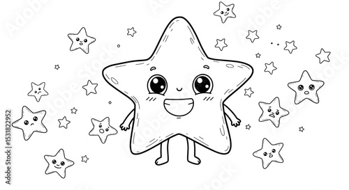 Cartoon star character with smiling face surrounded by smaller stars for coloring book pages or prints