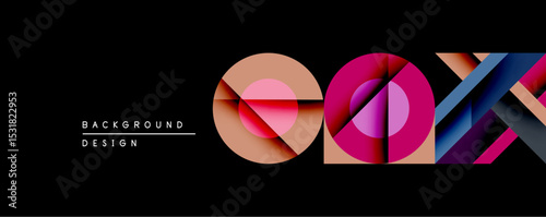 Abstract geometric shapes overlap on black background. Circles, segments create modern design. Gradient colorspeach, pink, blueadd visual interest. Minimalist composition.
