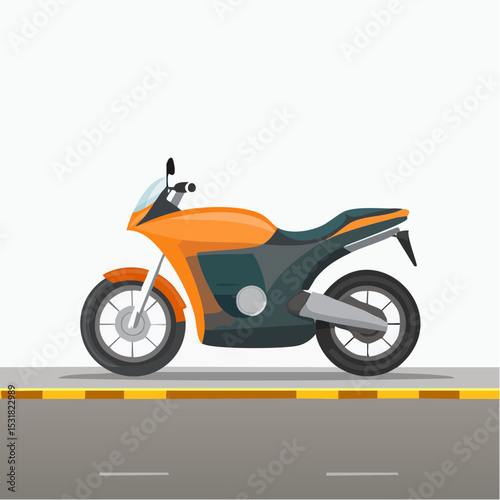 A stylized illustration of an orange and teal motorcycle parked on a road.