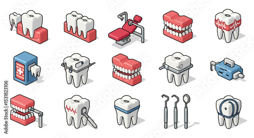 Vector Icons Set of Isometric Dental Illustrations Teeth Tools and Equipment. Vector Illustrations