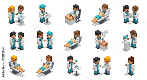 Vector Icons Set of Isometric Doctors and Patients Medical Professionals in Various Clinical Scenarios. Vector Illustrations