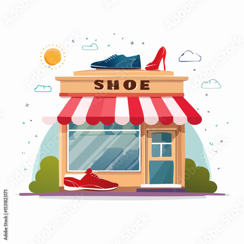 A cheerful shoe store storefront with red and white awning, displaying various footwear on the roof and outside.