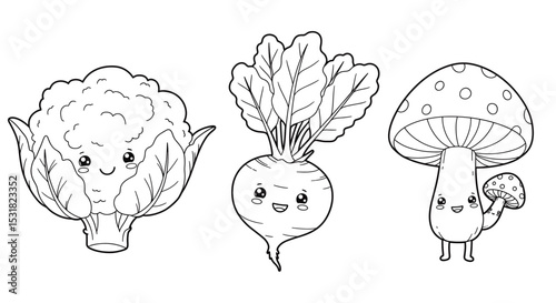 Cute cartoon vegetables illustrations including cauliflower, beet, and mushroom with smiling faces for kids designs and learning materials