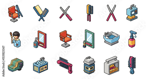 Vector Icons Set of Isometric Illustration of Barber Shop and Hair Salon Tools and Equipment. Vector Illustrations