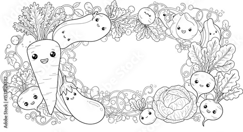 Delightful vegetable frame with cheerful cartoon carrot, eggplant, cabbage, and radish characters surrounded by foliage