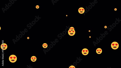 Smiling face with hearts particles emoji animation flying in air, emoji particles fly animated on black background, social media emoji flying background with alpha channel.