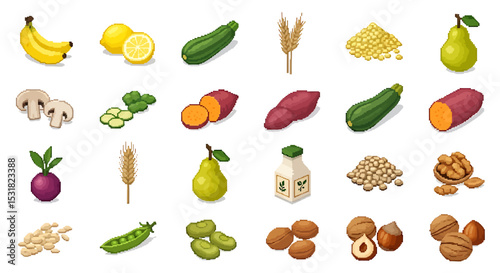Vector Icons Set of Isometric Illustration of Diverse Healthy Foods Fruits Vegetables Grains and Nuts. Vector Illustrations