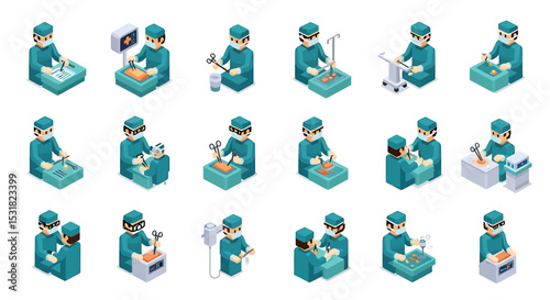 Vector Icons Set of Isometric Illustration of Surgeons Performing Various Surgical Procedures. Vector Illustrations