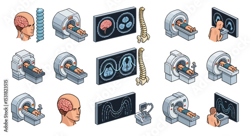 Vector Icons Set of Isometric Illustrations of MRI Scans Brain Spine and Patients. Vector Illustrations