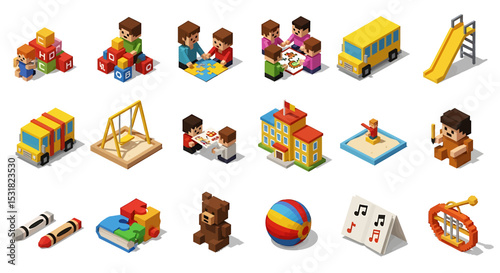Vector Icons Set of Isometric Illustrations of Playful Childrens Toys and Educational Elements. Vector Illustrations
