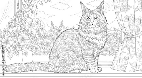 Elegant maine coon cat sitting on a window sill surrounded by flowers and a floral curtain illustration