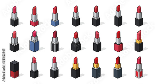 Vector Icons Set of Isometric Lipstick Collection in Various Colors and Case Designs Beauty Concept. Vector Illustrations