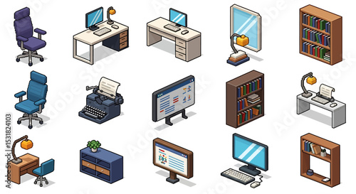 Vector Icons Set of Isometric Office Furniture Collection Desks Chairs Bookcases Computers and Typewriter. Vector Illustrations