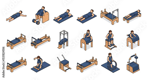 Vector Icons Set of Isometric Pilates Equipment and Exercises with Man in Various Poses. Vector Illustrations