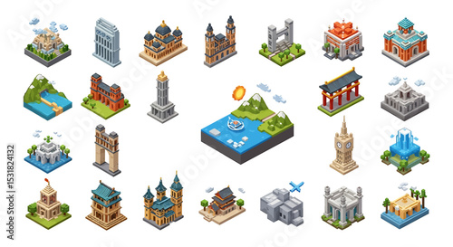 Vector Icons Set of Isometric Pixel Art Collection of Diverse Architectural Structures and Landmarks. Vector Illustrations