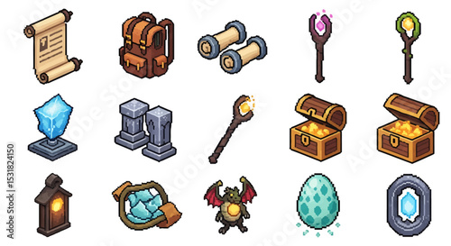 Vector Icons Set of Isometric Pixel Art Collection of Fantasy Game Items. Vector Illustrations