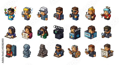 Vector Icons Set of Isometric Pixel Art Collection of Diverse Creative Professionals. Vector Illustrations