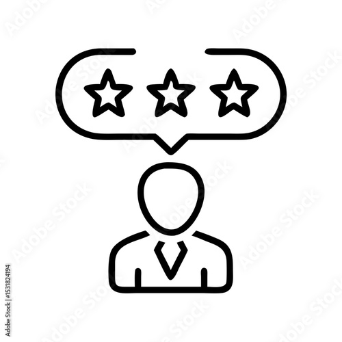 Businessman contemplating three stars in feedback speech bubble  