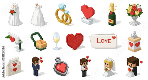Vector Icons Set of Isometric Pixel Art Wedding Collection Dresses Rings and Hearts. Vector Illustrations