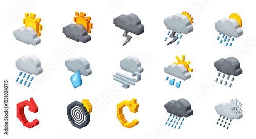 Vector Icons Set of Isometric Pixel Art Weather Icons Collection Sun Rain Snow Wind Lightning. Vector Illustrations